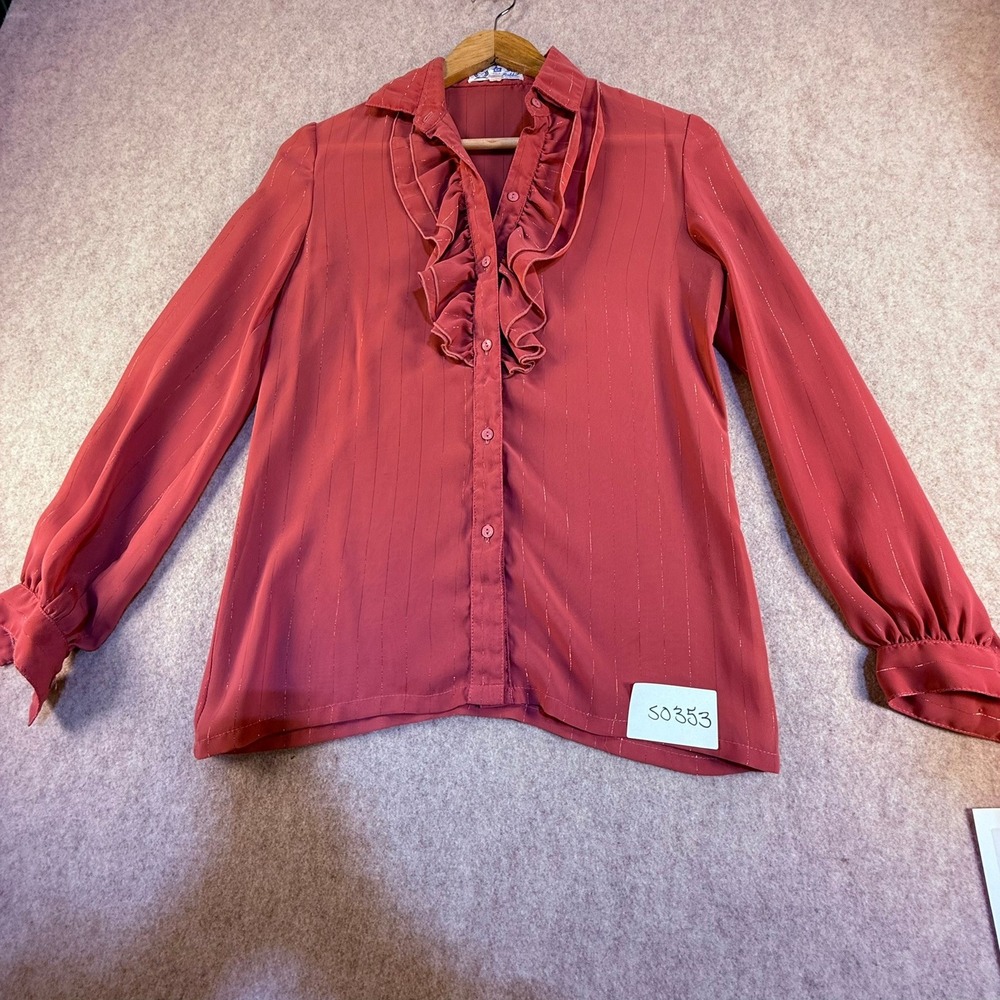 White Rabbit Vintage Terracotta Red Ruffle Blouse Gold Metallic Pinstripe Size 7